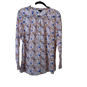 Talbots Pintuck Floral Half Button Pink Blue Cottage Core Top Womens Size L
